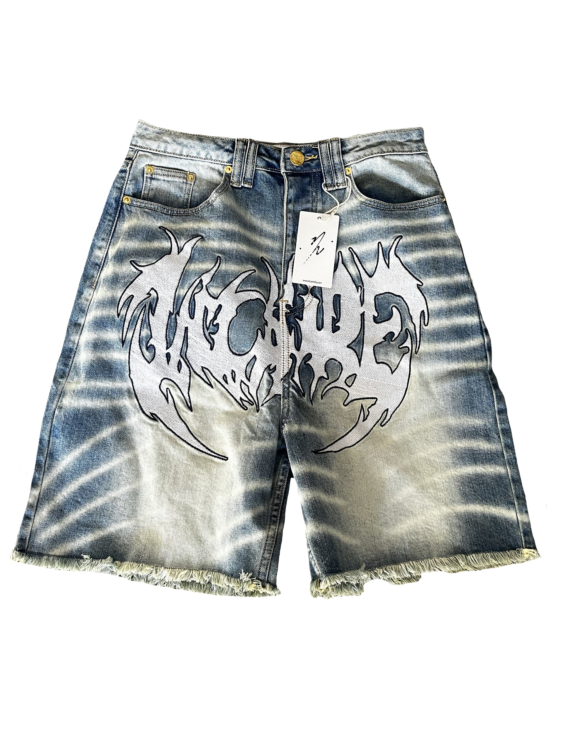 “ARCANE” DENIM DISTRESSED SHORTS